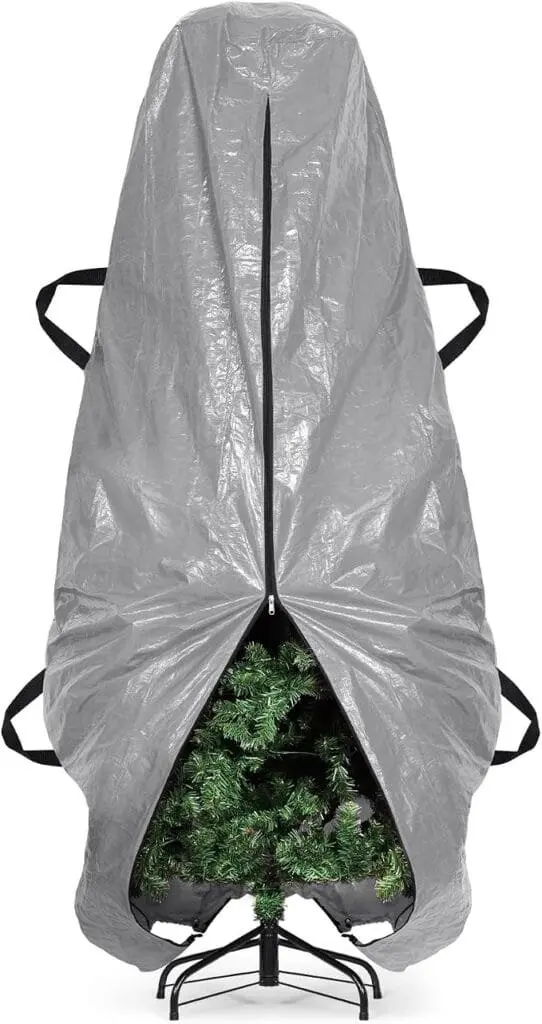 Upright Christmas tree cover around a tree on its stand with a vertical zipper opening