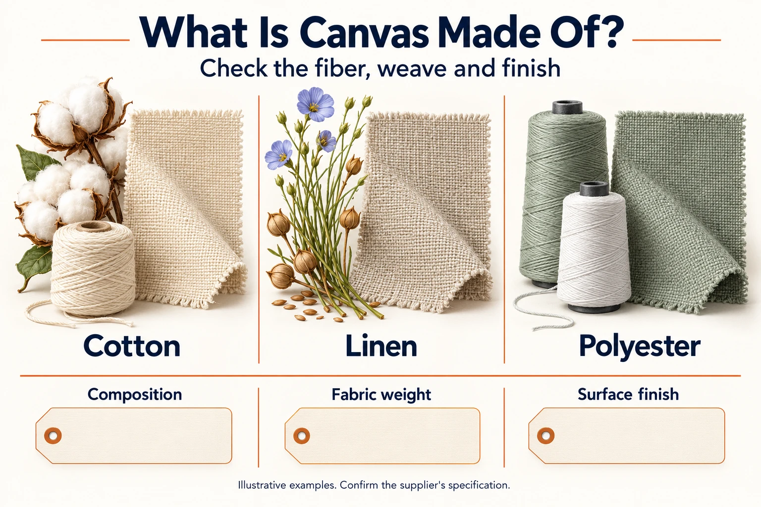 Illustrated cotton, linen and polyester canvas examples with separate composition, fabric weight and surface finish labels.