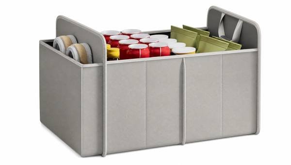 Grey three-compartment organizer holding household items