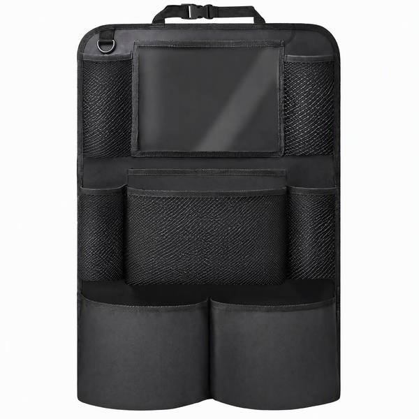 Black backseat hanging organizer with tablet window, pockets and bottle holders