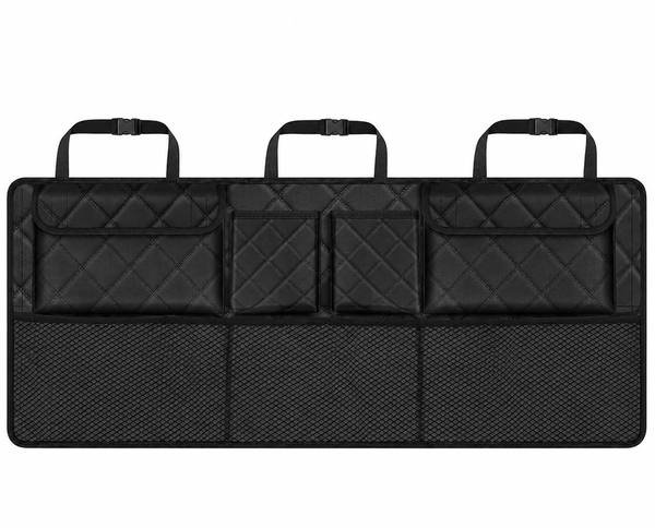 Wide black hanging organizer with a row of open storage pockets