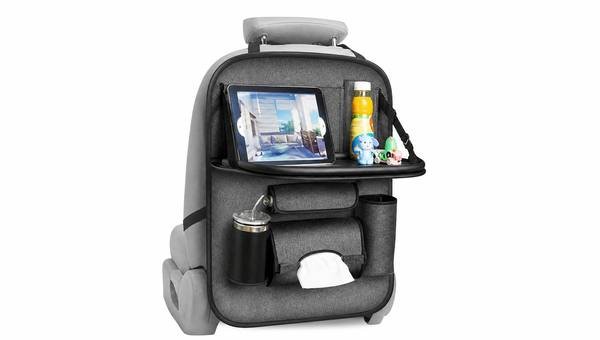 Grey backseat organizer with a tablet holder, bottle pocket and fold-down tray
