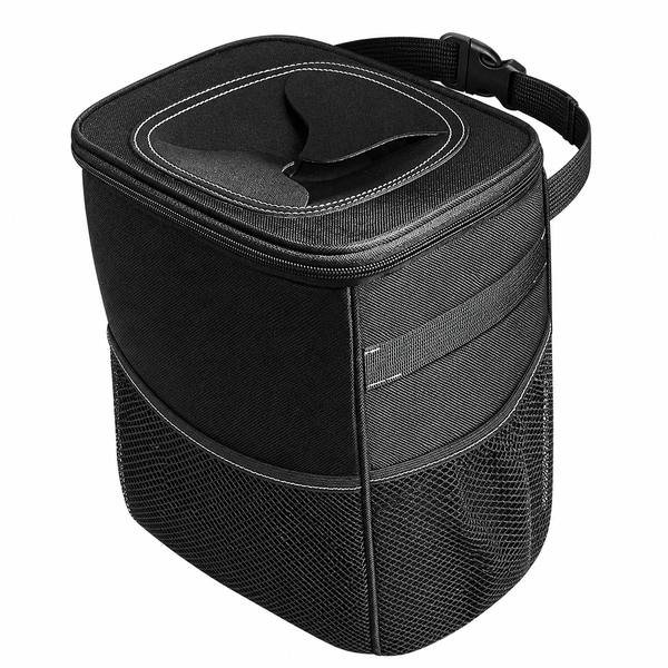 Black hanging car trash bin with a flap lid and mesh side pocket