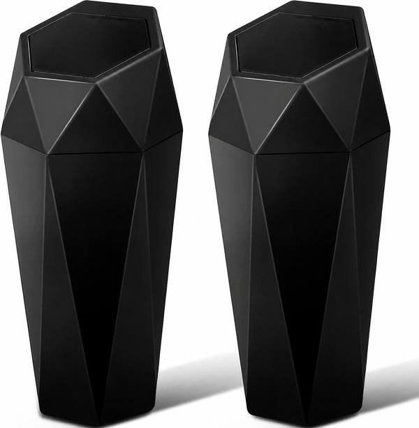 Two black structured car trash bins with faceted sides and push-flap lids