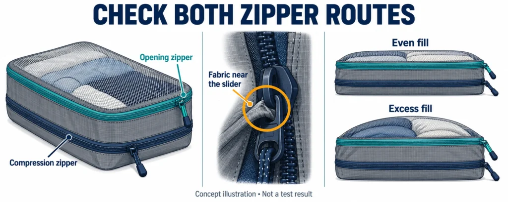 Concept illustration of opening and compression zippers, fabric near a slider, and different filling conditions