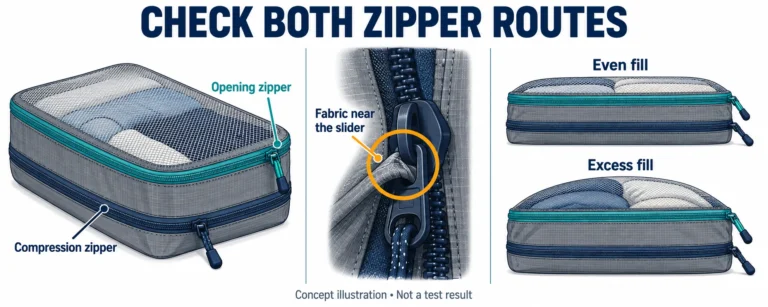 Concept illustration of opening and compression zippers, fabric near a slider, and different filling conditions