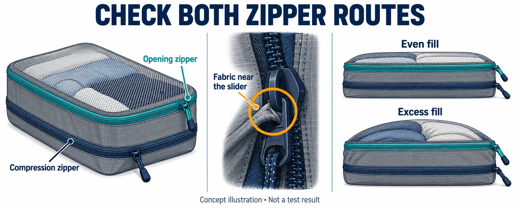 Concept illustration of opening and compression zippers, fabric near a slider, and different filling conditions