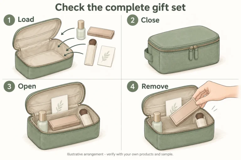 Four-panel diagram showing how to load, close, open and remove items from a cosmetic gift-set pouch