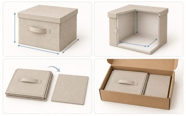 Diagram comparing outside and inside measurements of a fabric box with its folded and packed forms