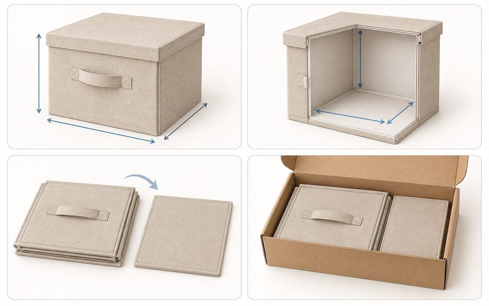 Diagram comparing outside and inside measurements of a fabric box with its folded and packed forms