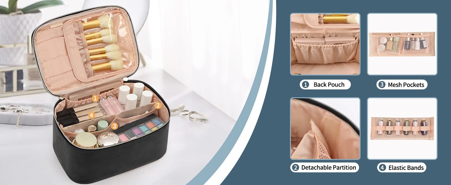 Open makeup bag with brush storage, removable divider, mesh pockets and elastic holders