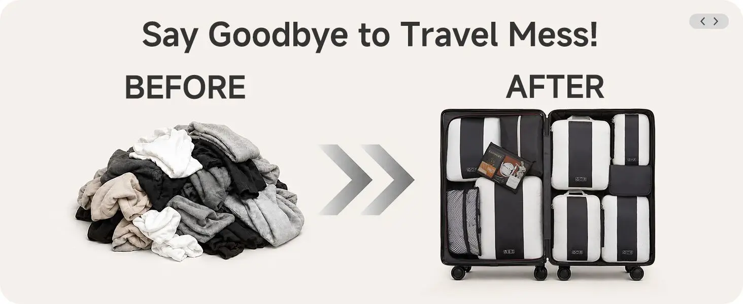 Travel organizers arranged inside a suitcase alongside an illustration of loose clothing