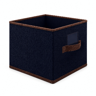 Reference drawing of a blue open-top fabric cube with a front handle and label window