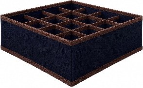 Reference drawing of a blue fabric organizer with 16 divided compartments