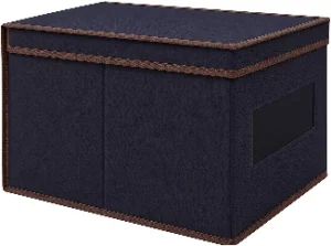 Reference drawing of a blue lidded fabric storage box with brown binding and a front window