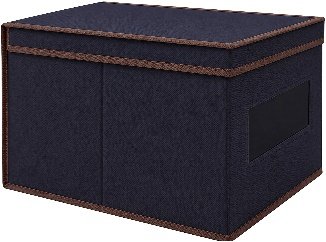 Reference drawing of a blue lidded fabric storage box with brown binding and a front window