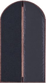 Reference drawing of a dark garment cover with contrasting brown binding and a front zipper