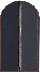 Reference drawing of a dark garment cover with contrasting brown binding and a front zipper