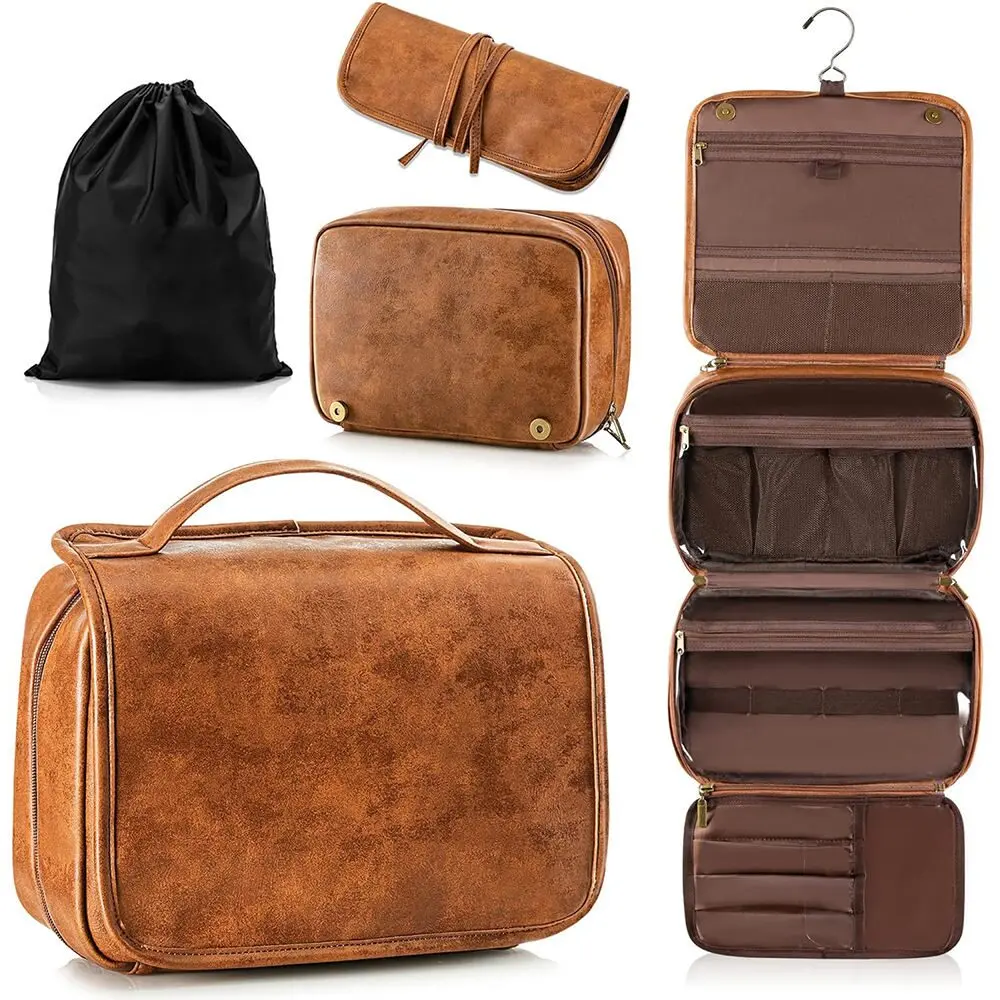 Quotation reference showing a brown hanging toiletry bag open and closed beside a drawstring dust bag