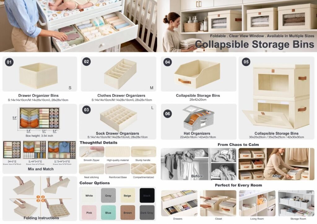 Great Shine storage box catalog preview showing drawer dividers, collapsible fabric bins and clear-window storage boxes
