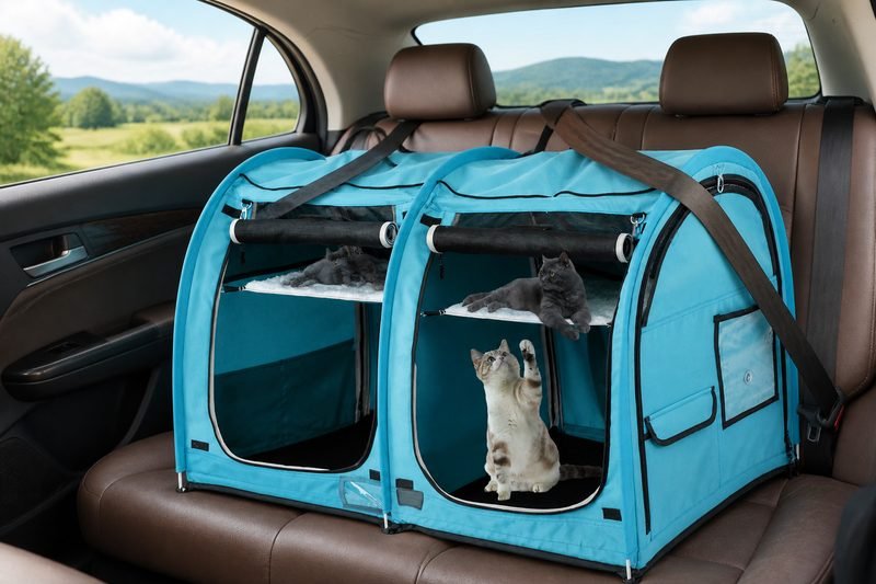 Double pet carrier secured on a car back seat