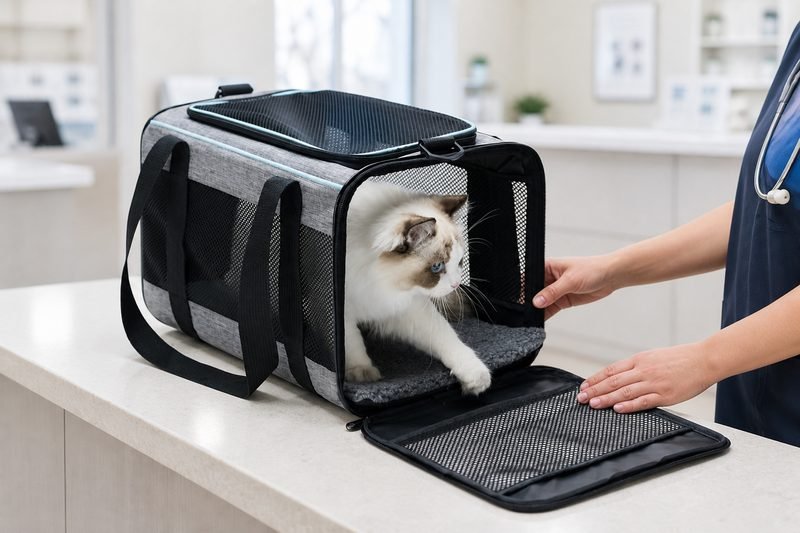 Pet carrier at a veterinary clinic counter