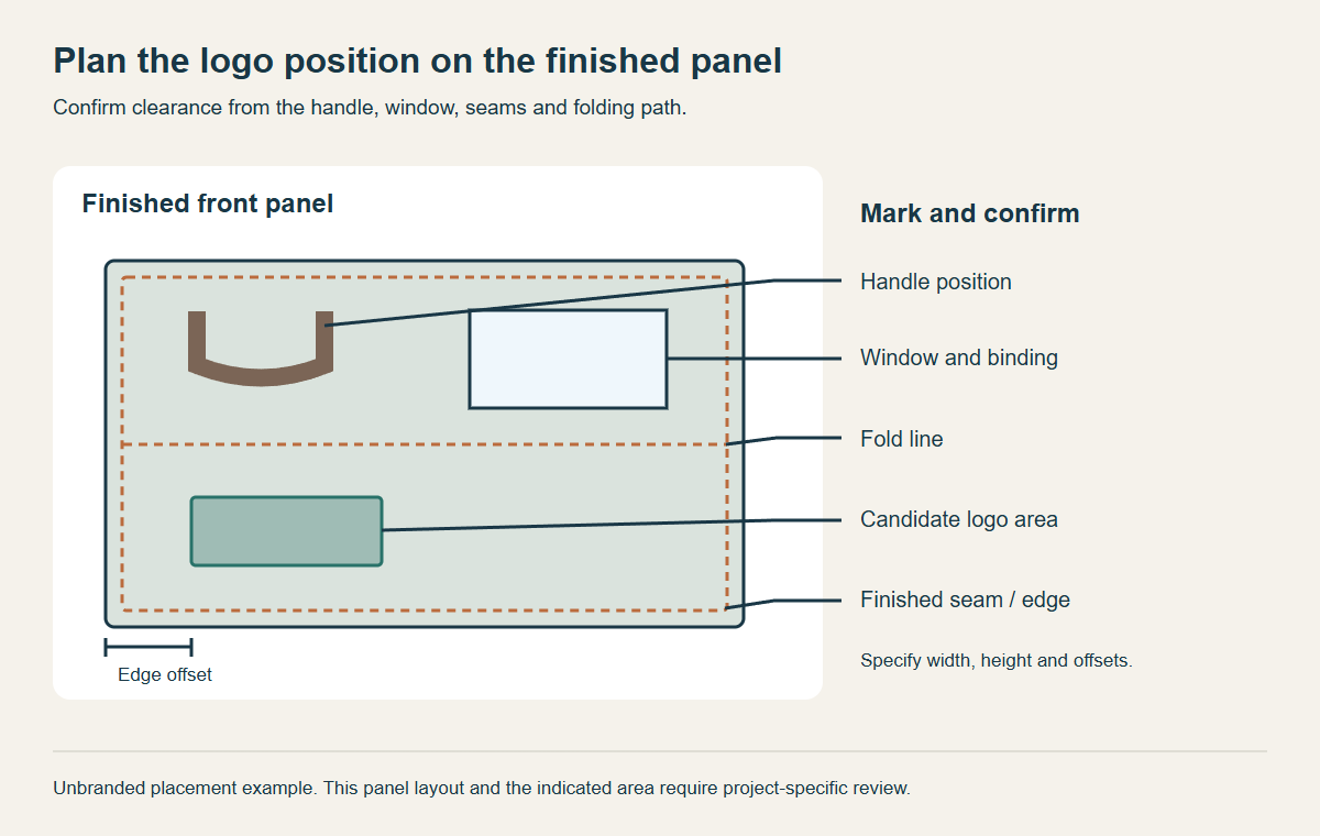 Unbranded placement diagram showing a candidate logo area and separate fold, seam, handle and window checks.