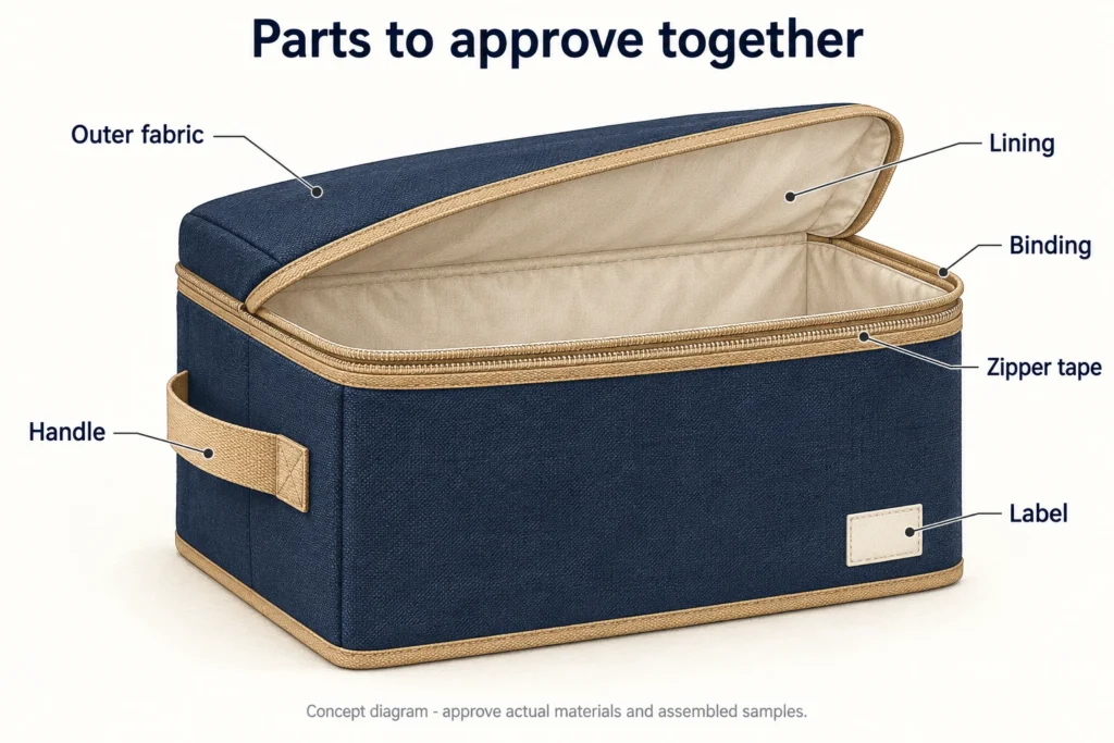 Diagram identifying outer fabric, lining, binding, handle, zipper tape and label for a storage bag color review