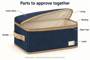 Diagram identifying outer fabric, lining, binding, handle, zipper tape and label for a storage bag color review