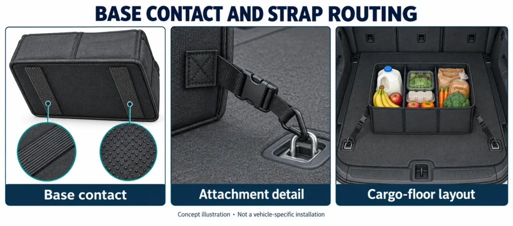 Concept illustration of trunk organizer base contact, a strap attachment and cargo-floor placement