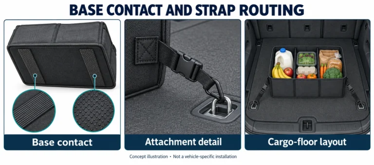 Concept illustration of trunk organizer base contact, a strap attachment and cargo-floor placement