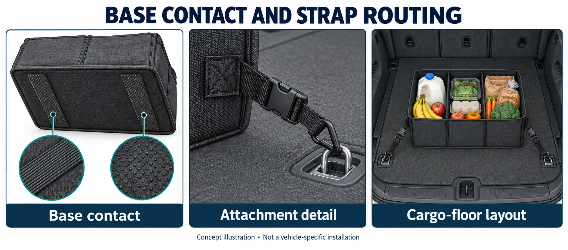 Concept illustration of trunk organizer base contact, a strap attachment and cargo-floor placement