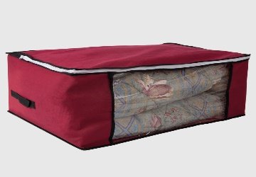 Reference image of a low-profile bedding bag with a clear front panel